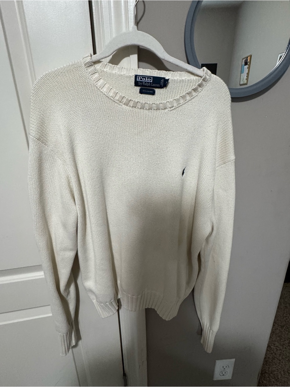 Ralph Lauren Cream Knit Crewneck Sweater with Navy Pony
